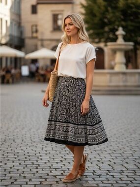 Apt. 9 Floral Print Midi Skirt Women 8 Black White Sequin Embelished Summer Chic
